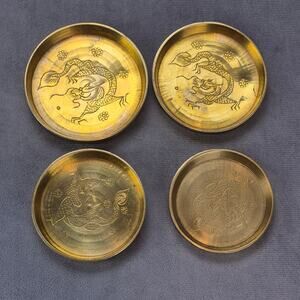Etched Brass Dragon Nesting Trinket Incense Tray Round Dish Set of 4